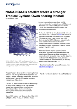 NASA-NOAA's Satellite Tracks a Stronger Tropical Cyclone Owen Nearing Landfall 14 December 2018
