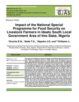 Impact of the National Special Programme for Food Security on Livestock Farmers in Ideato South Local Government Area of Imo State, Nigeria