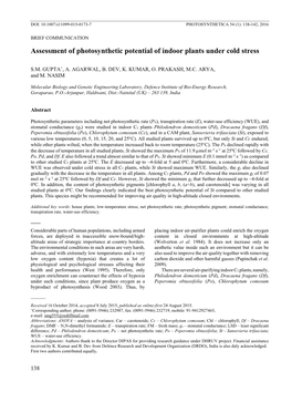 Assessment of Photosynthetic Potential of Indoor Plants Under Cold Stress