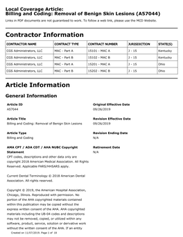 Local Coverage Article: Billing and Coding: Removal of Benign Skin Lesions (A57044)