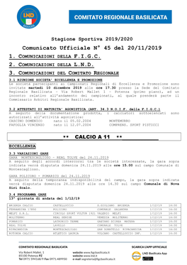 Comunicato Ufficiale N° 45 Del 20/11/2019 1