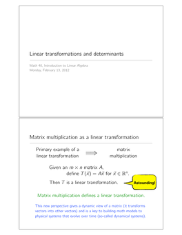 Linear Transformations and Determinants Matrix Multiplication As a Linear Transformation