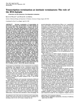 The RNA Hairpin (Escherichia Coli/RNA Polymerase/Rho-Independent Termination) KEVIN S