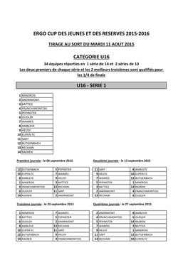 U16 34 Équipes Réparties En 1 Série De 14 Et 2 Séries De 10 Les Deux Premiers De Chaque Série Et Les 2 Meilleurs Troisièmes Sont Qualifiés Pour Les 1/4 De Finale