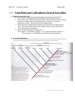 Topic 11: Land Plants, Part 1 (Bryophytes, Ferns & Fern Allies)