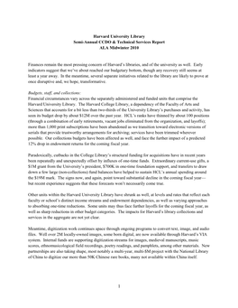 Harvard University Library Semi-Annual CCDO & Technical Services Report ALA Midwinter 2010 Finances Remain the Most Pressing