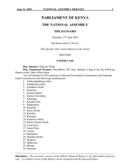 Hansard Report- Thursday, 11Th June 2020 (P)- Afternoon Sitting.Pdf