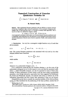 Numerical Construction of Gaussian Quadrature Formulas For