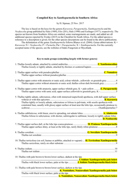 Compiled Key to Xanthoparmelia in Southern Africa