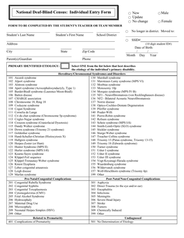 National Deaf-Blind Census: Individual Entry Form ⃝ New ⃝ Male ⃝ Update