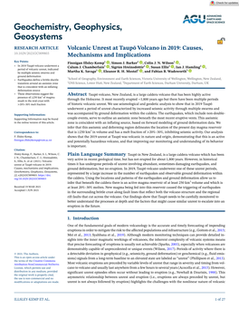 Volcanic Unrest at Taupō Volcano in 2019: Causes, 10.1029/2021GC009803 Mechanisms and Implications Key Points: Finnigan Illsley-Kemp1 , Simon J