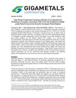 (“PEA”) for the Production of High- Grade Nickel Concentrate from the Turnagain Nickel Deposit