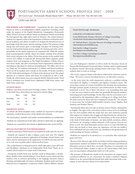 PORTSMOUTH ABBEY SCHOOL Profile 2017 - 2018 285 Cory’S Lane Portsmouth, Rhode Island 02871 Phone: 401.643.1254 Fax: 401.643.1344