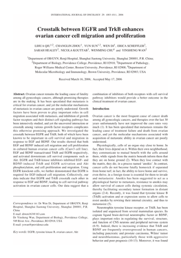 Crosstalk Between EGFR and Trkb Enhances Ovarian Cancer Cell Migration and Proliferation