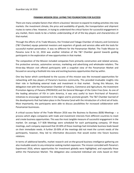 Guardian July 14 2016 PANAMA MISSION 2016: LAYING the FOUNDATIONS for SUCCESS There Are Many Complex Factors That Inform a Busi
