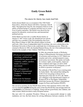 Emily Green Balch 1946 “As the World Community Develops in Peace, It Will Open up Great Untapped the Desire for Liberty Has Made Itself Felt