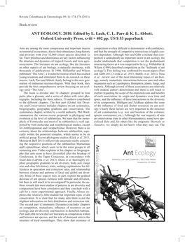 ANT ECOLOGY. 2010. Edited by L. Lach, C. L. Parr & K. L. Abbott