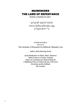 Maimonides the Laws of Repentance with Commentary
