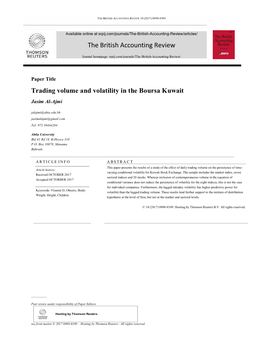 Trading Volume and Volatility in the Boursa Kuwait Jasim Al-Ajmi Jalajmi@Ahia.Edu.Bh Jasimalajmi@Gmail.Com Tel: 973 39444284