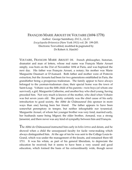 FRANÇOIS MARIE AROUET DE VOLTAIRE (1694-1778) Author: George Saintsbury, D.C.L., LL.D