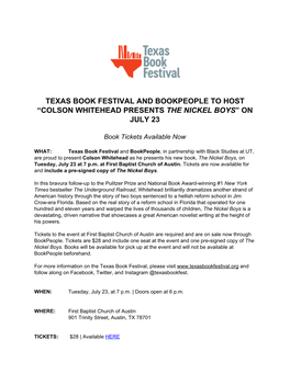 Texas Book Festival and Bookpeople to Host “Colson Whitehead Presents the Nickel Boys” on ​ ​ July 23