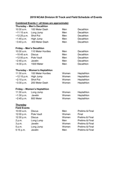 2019 NCAA Division III Track and Field Schedule of Events