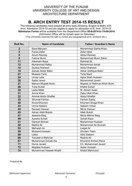 B. ARCH ENTRY TEST 2014-15 RESULT the Following Candidates Have Passed All Entry Tests (Drawing, English & Math) of B