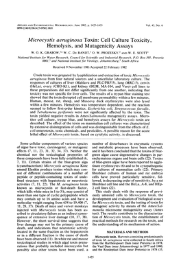 Microcystis Aeruginosa Toxin: Cell Culture Toxicity, Hemolysis, and Mutagenicity Assays W