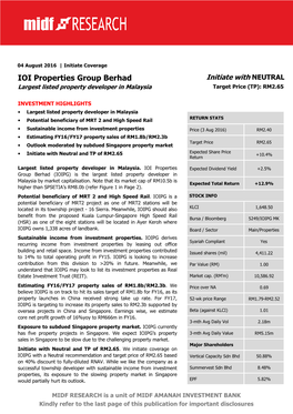 IOI Properties Group Berhad Initiate with NEUTRAL Largest Listed Property Developer in Malaysia Target Price (TP): RM2.65