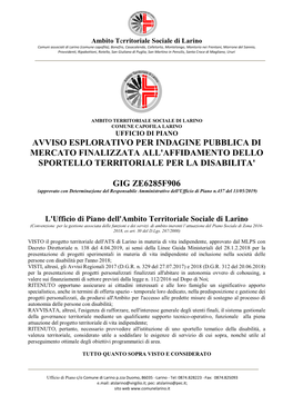 Avviso Esplorativo Per Indagine Pubblica Di Mercato Finalizzata All'affidamento Dello Sportello Territoriale Per La Disabilita'