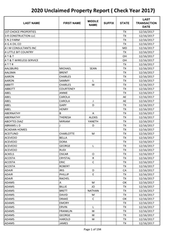 2020 Unclaimed Property Report ( Check Year 2017)