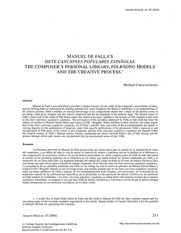 Manuel De Falla' S Siete Canciones Populares Españolas: the Composer's Personal Library, Folksong Models and the Creative Process.'