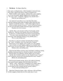 The Raven by Edgar Allan Poe 1 Once Upon a Midnight Dreary, While I Pondered, Weak and Weary, 2 Over Many a Quaint and Curi