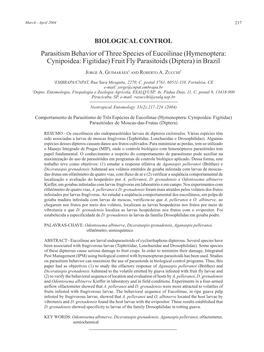 Parasitism Behavior of Three Species of Eucoilinae (Hymenoptera: Cynipoidea: Figitidae) Fruit Fly Parasitoids (Diptera) in Brazil