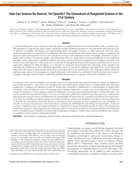 How Can Science Be General, Yet Specific? the Conundrum of Rangeland Science in the 21St Century Debra P