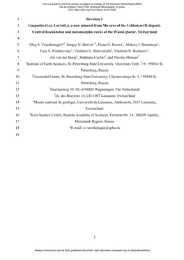 A New Mineral from Mn Ores of the Ushkatyn-III Deposit, 3 Central Kazakhstan and Metamorphic Rocks of the Wanni Glacier, Switzerland 4 5 Oleg S