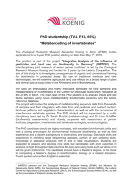 Phd Studentship (TV-L E13, 65%) “Metabarcoding of Invertebrates”