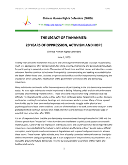 The Legacy of Tiananmen: 20 Years of Oppression, Activism and Hope Chrd