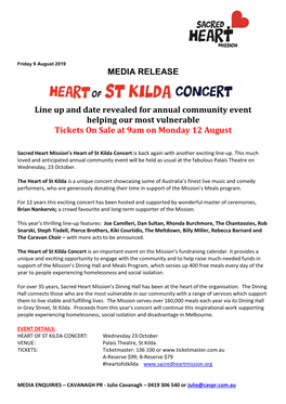 MEDIA RELEASE Line up and Date Revealed for Annual Community Event Helping Our Most Vulnerable Tickets on Sale at 9Am on Monday