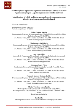 Identificação De Espécies De Cogumelos Comestíveis E Tóxicas Da Família Agaricaceae (Fungos - Agaricomycetes) Encontradas No Brasil