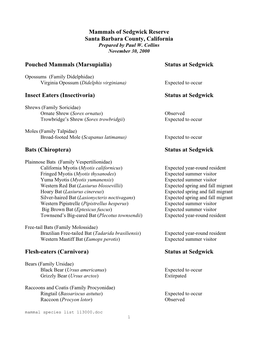 Mammals of Sedgwick Reserve Santa Barbara County, California Prepared by Paul W