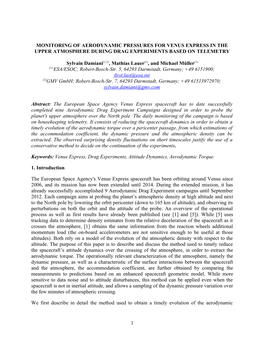 MONITORING of AERODYNAMIC PRESSURES for VENUS EXPRESS in the UPPER ATMOSPHERE DURING DRAG EXPERIMENTS BASED on TELEMETRY Sylvain