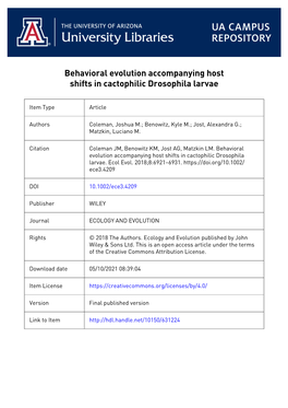 Behavioral Evolution Accompanying Host Shifts in Cactophilic Drosophila Larvae