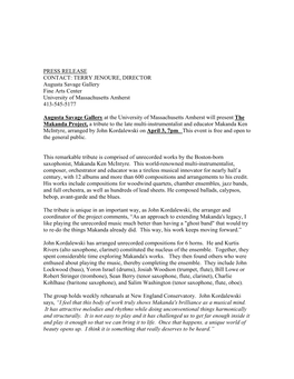 PRESS RELEASE CONTACT: TERRY JENOURE, DIRECTOR Augusta Savage Gallery Fine Arts Center University of Massachusetts Amherst 413-545-5177