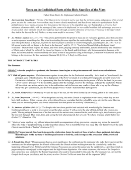 Notes on the Individual Parts of the Holy Sacrifice of the Mass