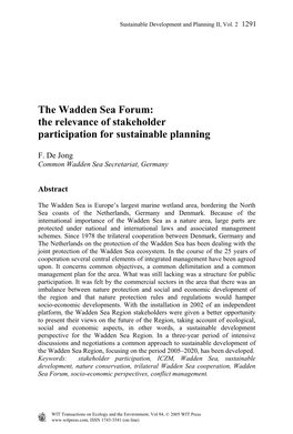 The Wadden Sea Forum: the Relevance of Stakeholder Participation for Sustainable Planning