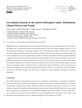 Geo-Climatic Hazards in the Eastern Subtropical Andes: Distribution, Climate Drivers and Trends Iván Vergara1, Stella M