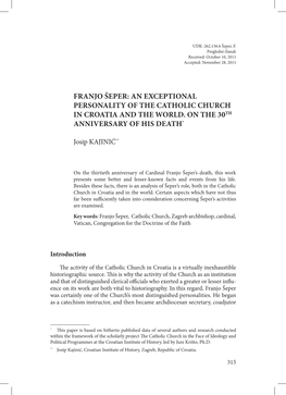 FRANJO ŠEPER: an EXCEPTIONAL PERSONALITY of the CATHOLIC CHURCH in CROATIA and the WORLD. on the 30Th ANNIVERSARY of HIS DEATH*