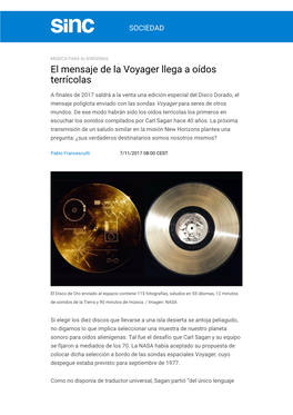 El Mensaje De La Voyager Llega a Oídos Terrícolas