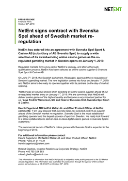 Netent Signs Contract with Svenska Spel Ahead of Swedish Market Re- Regulation